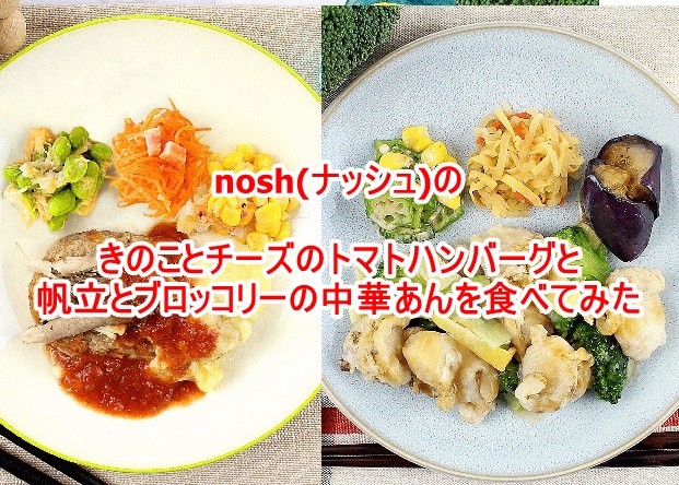 nosh(ナッシュ)のきのことチーズのトマトハンバーグと帆立とブロッコリーの中華あんを食べてみた
